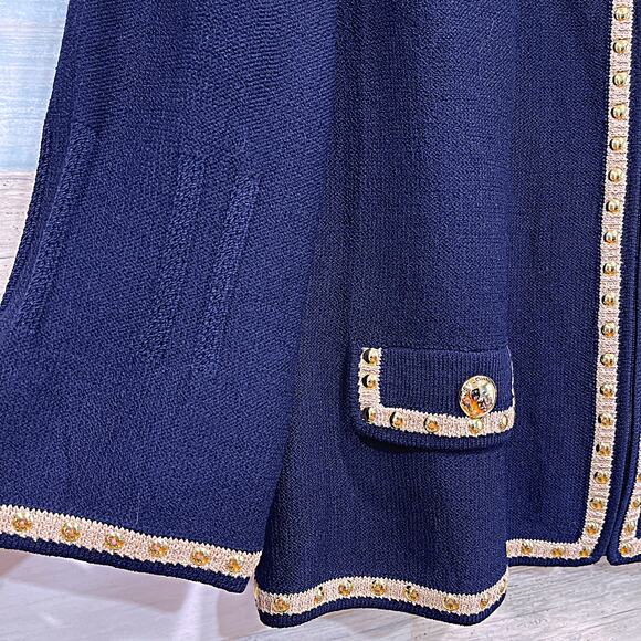 ST JOHN Tweed Lady Jacket Blue Gold Studded Trim Full Zip Wool Blend Womens 10 - Picture 4 of 9